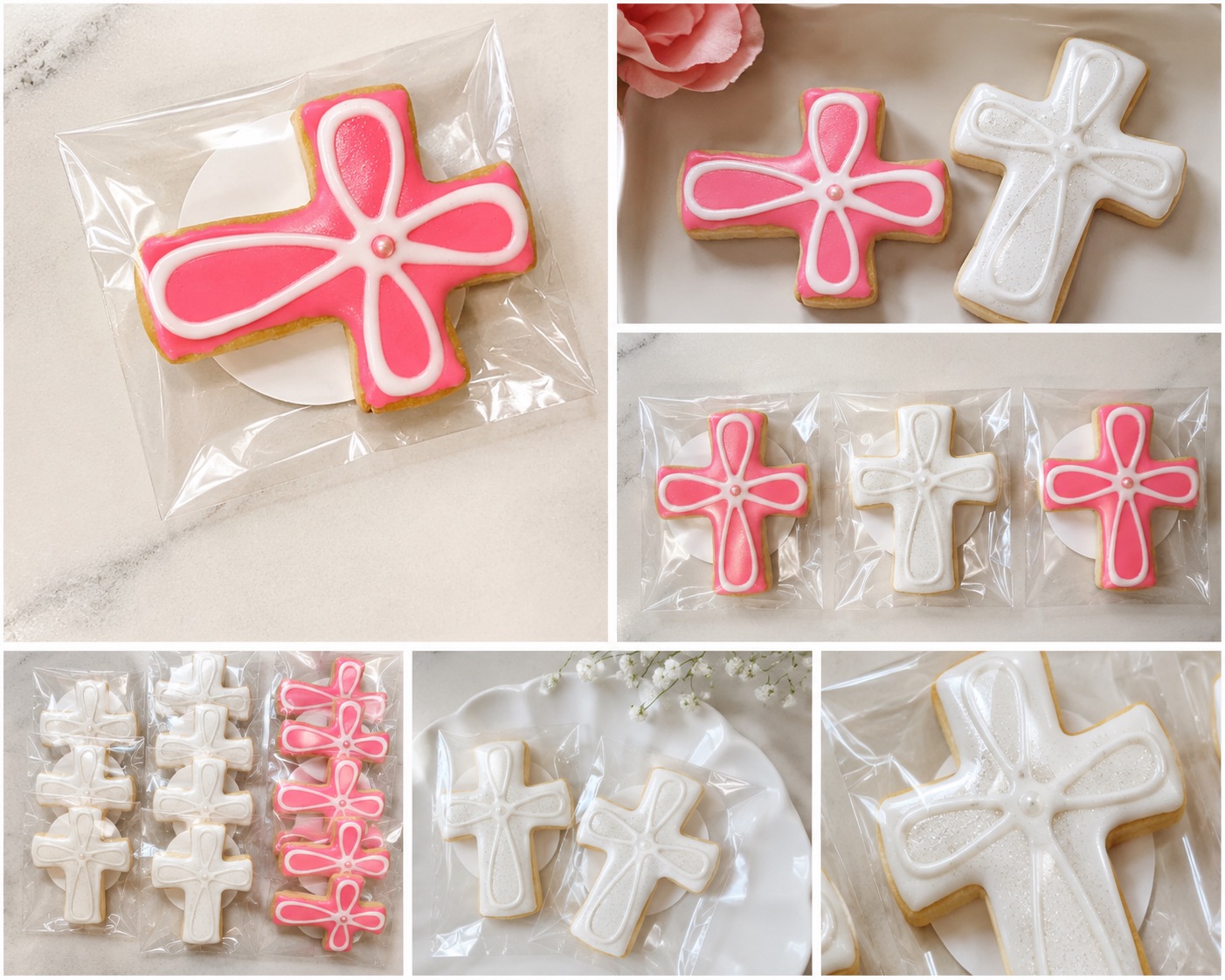 Pink and white cross cookies for a baptism celebration