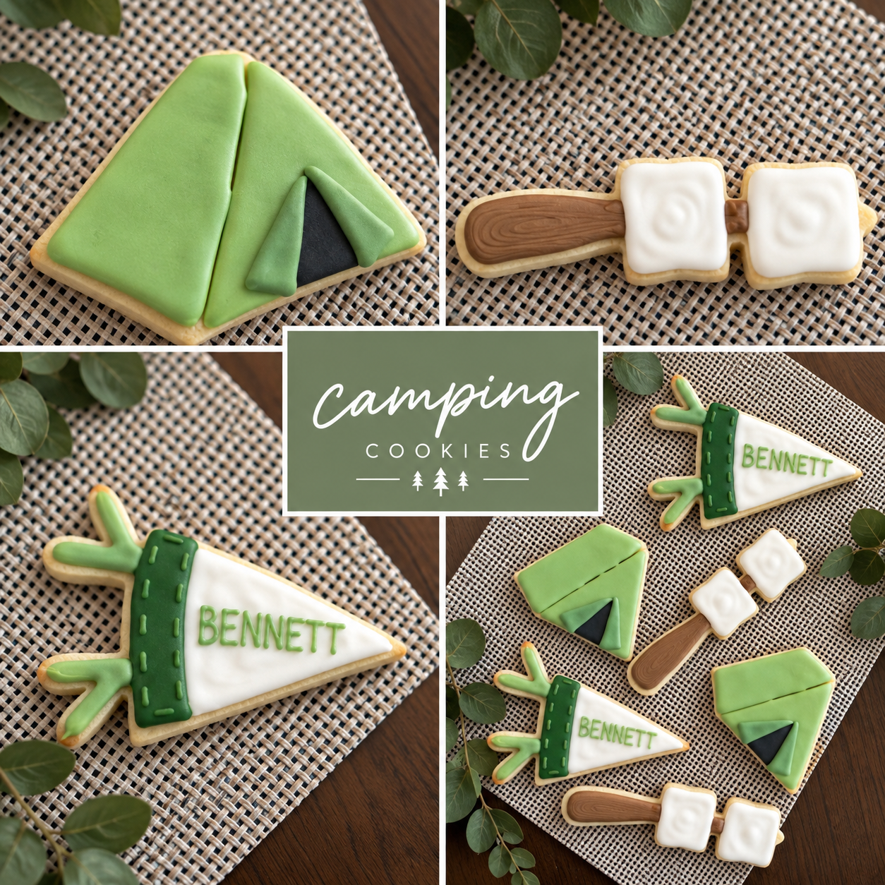 Green camping-themed cookies shaped like tents, campfires, and personalized pennants